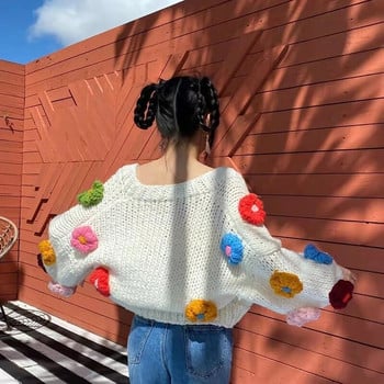 Harajuku Flower Cardigan Γυναικείο πουλόβερ Γλυκό χαριτωμένο μακρυμάνικο πλεκτό πουλόβερ Κορεάτικο Y2K Streetwear Φθινόπωρο Χειμώνας Casual τοπ