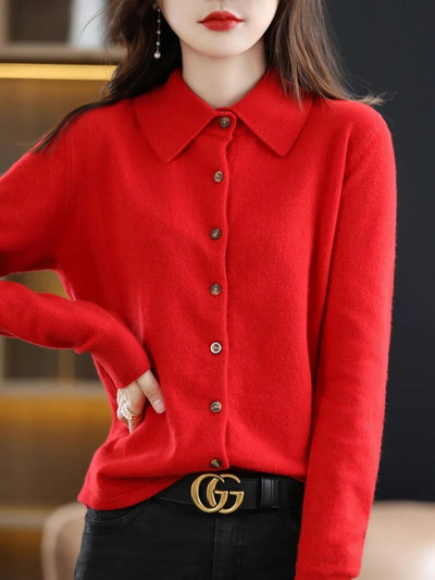 Ženski džemper dugih rukava Jesen Zima Kardigan od 100% merino vune Jednobojni spušteni ovratnik Pletiva od kašmira Korejske modne majice