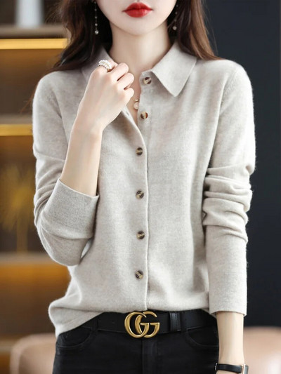 Ženski džemper dugih rukava Jesen Zima Kardigan od 100% merino vune Jednobojni spušteni ovratnik Pletiva od kašmira Korejske modne majice