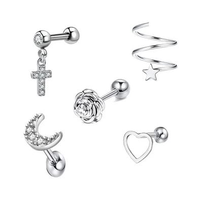 5 DB Star Tragus Stud fülbevaló szett szív kis szegecses szett Lebeny piercing porc Stud Helix ékszer Cz súlyzó piercing fülbevaló