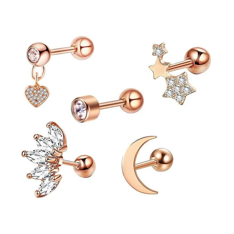 5 DB Star Tragus Stud fülbevaló szett szív kis szegecses szett Lebeny piercing porc Stud Helix ékszer Cz súlyzó piercing fülbevaló