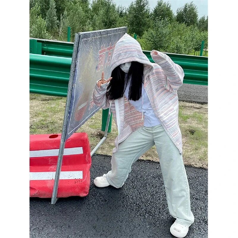 Y2K prugasti pleteni kardigan Ženski preveliki pulover s kapuljačom Ulična odjeća Korejska pletenina s patentnim zatvaračem Harajuku Slatki ležerni džemper