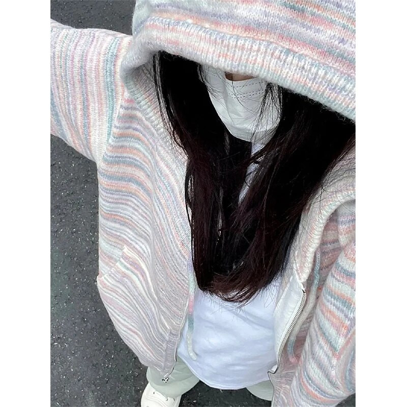 Y2K prugasti pleteni kardigan Ženski preveliki pulover s kapuljačom Ulična odjeća Korejska pletenina s patentnim zatvaračem Harajuku Slatki ležerni džemper