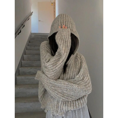 Ulična odjeća Pleteni kardigan s kapuljačom Ženski Y2K skraćeni poderani pulover Korejsko preveliko pletivo Harajuku Džemperi s patentnim zatvaračem Gornji kaputi