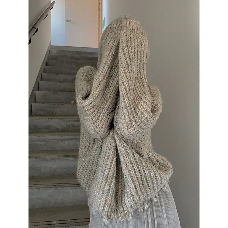 Ulična odjeća Pleteni kardigan s kapuljačom Ženski Y2K skraćeni poderani pulover Korejsko preveliko pletivo Harajuku Džemperi s patentnim zatvaračem Gornji kaputi