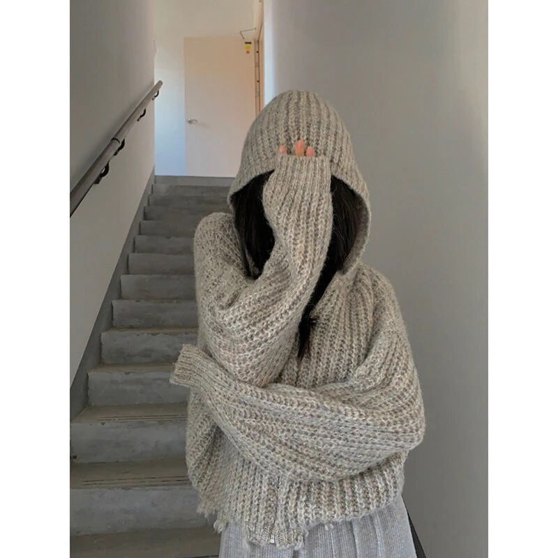 Ulična odjeća Pleteni kardigan s kapuljačom Ženski Y2K skraćeni poderani pulover Korejsko preveliko pletivo Harajuku Džemperi s patentnim zatvaračem Gornji kaputi