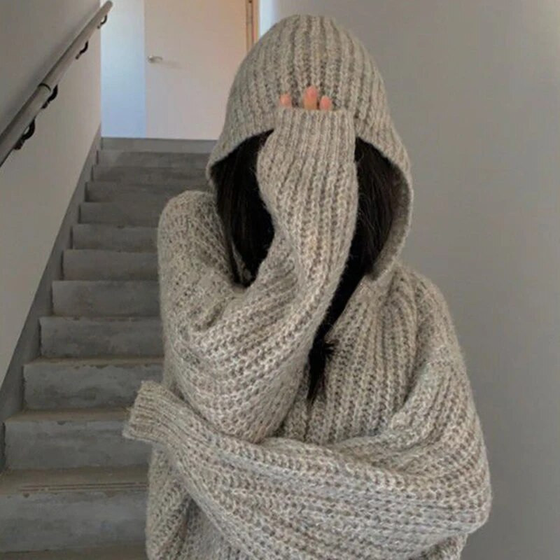 Ulična odjeća Pleteni kardigan s kapuljačom Ženski Y2K skraćeni poderani pulover Korejsko preveliko pletivo Harajuku Džemperi s patentnim zatvaračem Gornji kaputi