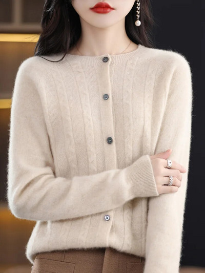 Jesen Zima 100% merino vuna Ženski kardigan O-izrez Twist cvjetić Kašmir pulover 2023. Korejska modna ženska odjeća Grace Top