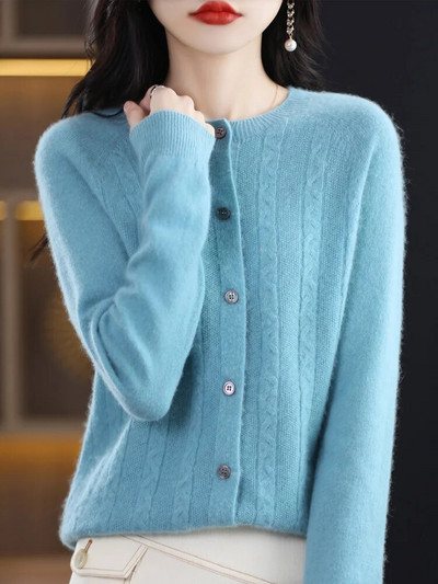 Jesen Zima 100% merino vuna Ženski kardigan O-izrez Twist cvjetić Kašmir pulover 2023. Korejska modna ženska odjeća Grace Top
