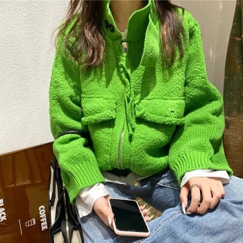 Harajuku Πλεκτή Ζακέτα Γυναικεία Vintage Oversized Παλτό Πουλόβερ Streetwear Κορεατικά Πλεκτά με φερμουάρ τσέπης Casual Jumpers Jackets