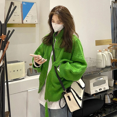 Harajuku pleteni kardigan Ženski vintage preveliki džemper kaput Ulična odjeća Korejska pletenina s džepnim zatvaračem Ležerne džemper jakne