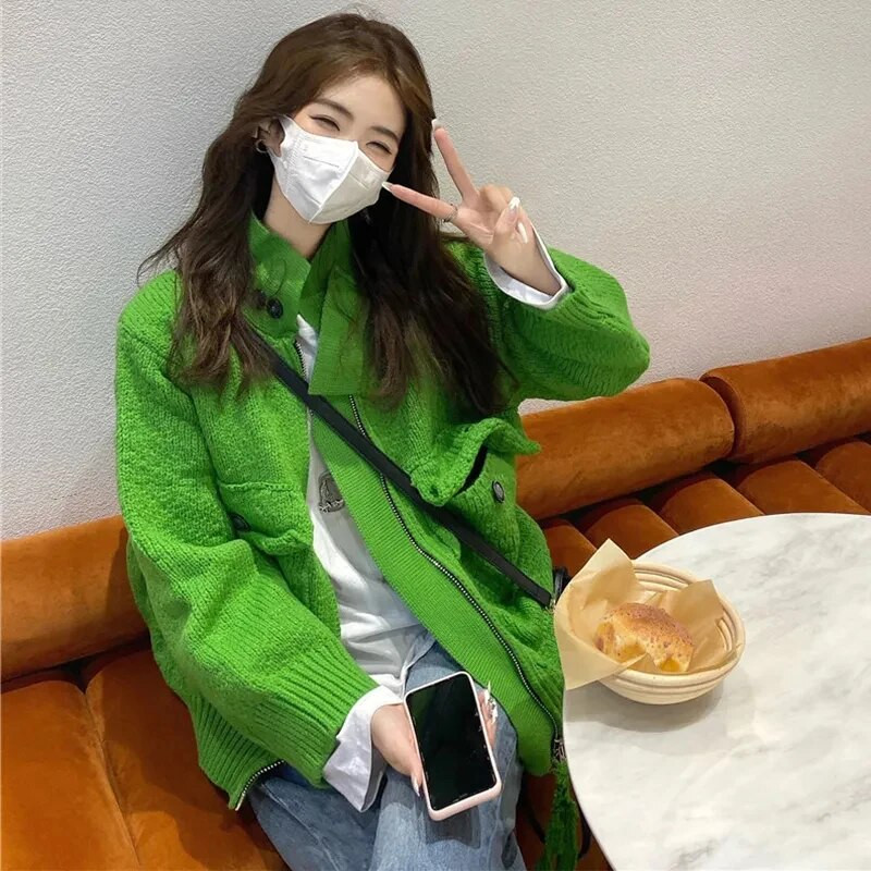 Harajuku pleteni kardigan Ženski vintage preveliki džemper kaput Ulična odjeća Korejska pletenina s džepnim zatvaračem Ležerne džemper jakne