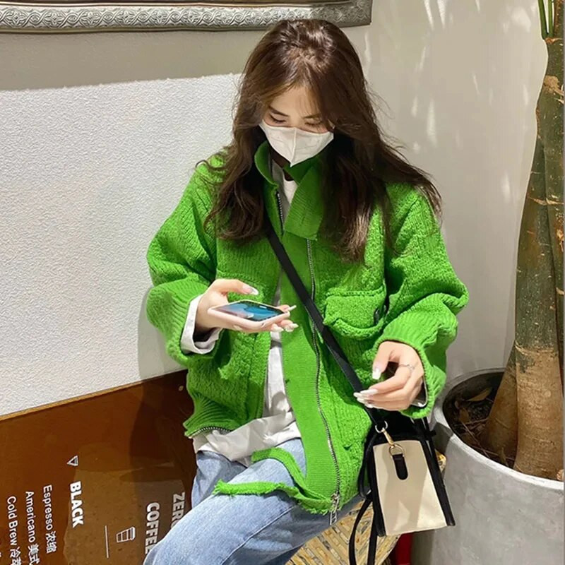 Harajuku pleteni kardigan Ženski vintage preveliki džemper kaput Ulična odjeća Korejska pletenina s džepnim zatvaračem Ležerne džemper jakne