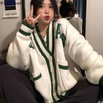 Harajuku kötött kardigán női hímzés túlméretezett pulóver Preppy Kawaii V nyakú kötöttáru Vintage koreai All Match pulóverek felsők
