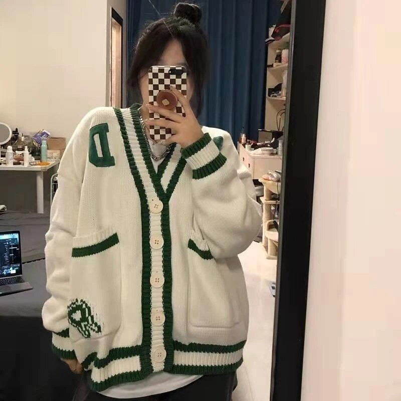 Harajuku kötött kardigán női hímzés túlméretezett pulóver Preppy Kawaii V nyakú kötöttáru Vintage koreai All Match pulóverek felsők