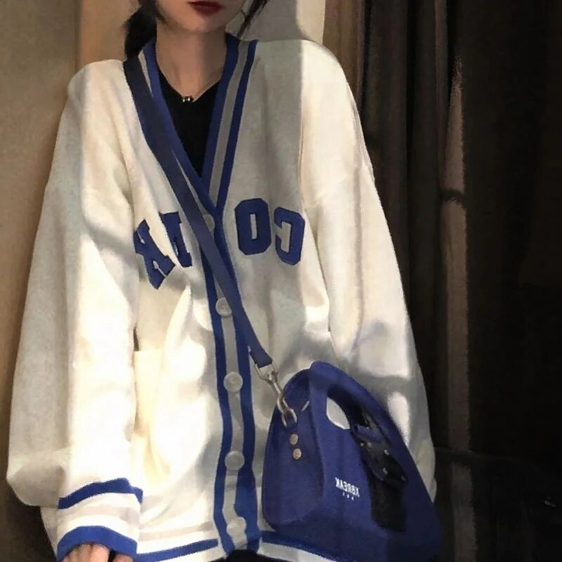 Harajuku kötött kardigán női hímzés túlméretezett pulóver Preppy Kawaii V nyakú kötöttáru Vintage koreai All Match pulóverek felsők