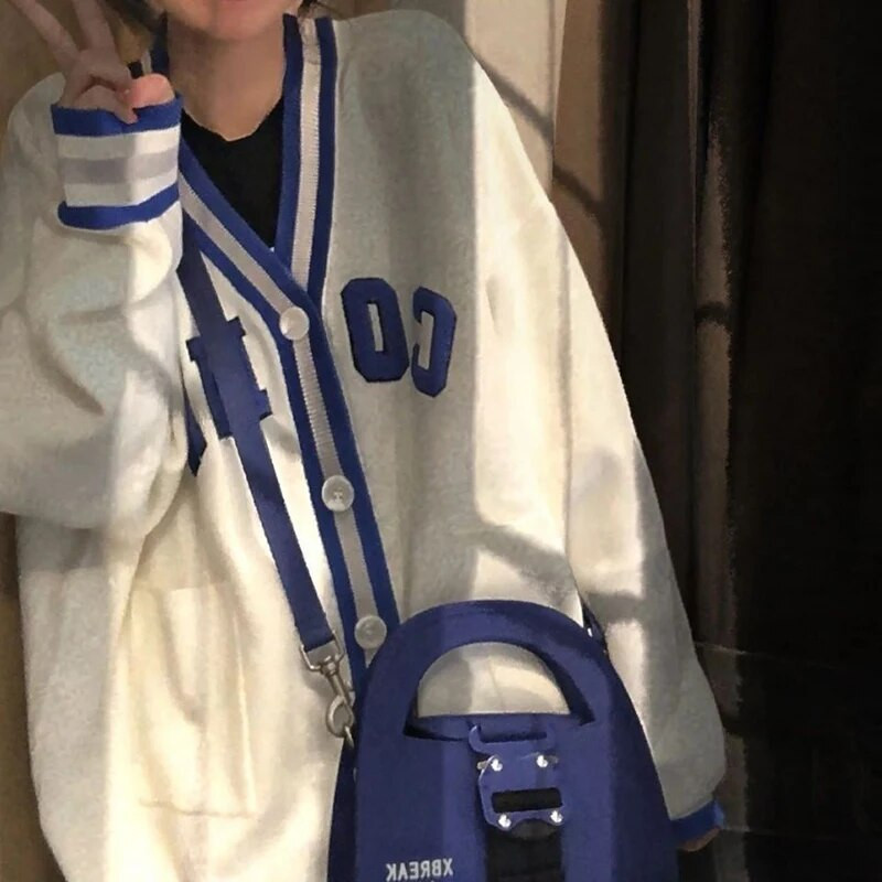 Harajuku kötött kardigán női hímzés túlméretezett pulóver Preppy Kawaii V nyakú kötöttáru Vintage koreai All Match pulóverek felsők