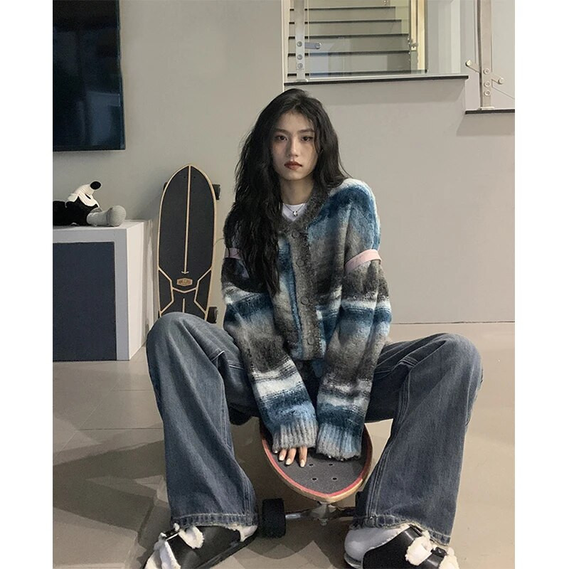 Vintage prugasti pleteni kardigan Ženski ulični džemper s gradijentnim kaputom Harajuku pletiva velike veličine Korejski patchwork džemperi