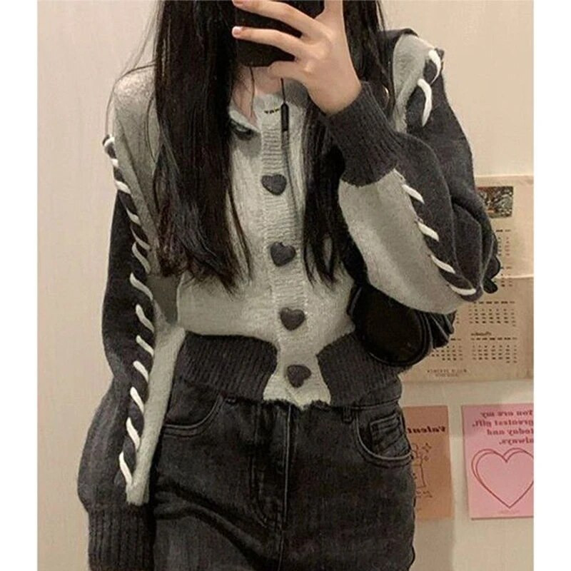 Y2K apgriezts trikotāžas jaciņš sievietēm Harajuku džemperis, džemperis, mētelis, ielas apģērbs, sirds, īss trikotāža, retro stila ikdienas džemperi