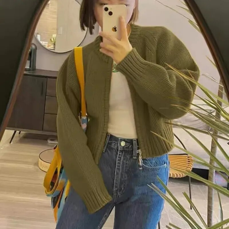 MEXZT tömör kötött kardigán női édes cipzáras vágott pulóverek koreai vintage alkalmi kötöttáru kabát bő rövid pulóverek dzsekik