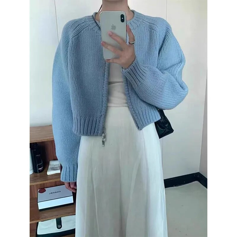 MEXZT tömör kötött kardigán női édes cipzáras vágott pulóverek koreai vintage alkalmi kötöttáru kabát bő rövid pulóverek dzsekik