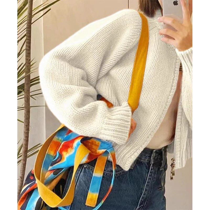 MEXZT tömör kötött kardigán női édes cipzáras vágott pulóverek koreai vintage alkalmi kötöttáru kabát bő rövid pulóverek dzsekik