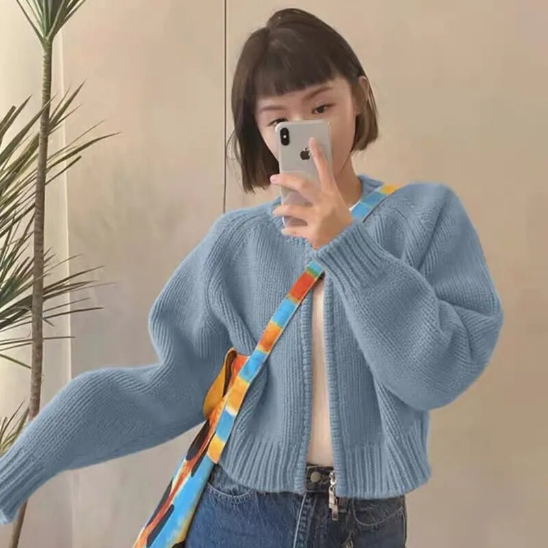 MEXZT tömör kötött kardigán női édes cipzáras vágott pulóverek koreai vintage alkalmi kötöttáru kabát bő rövid pulóverek dzsekik