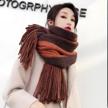 2023 Студентски раиран шал Зимен шал Дамски универсален вълнен плетене Любители Удебелен корейски дълъг пискюл Имитация на кашмир