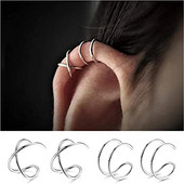 4 gab. Nerūsējošā tērauda ausu aproces Criss Cross Double Lines Ausu aproces bez caurduršanas Minimālisma viltots Helix Earcuff skrimšļa auskars
