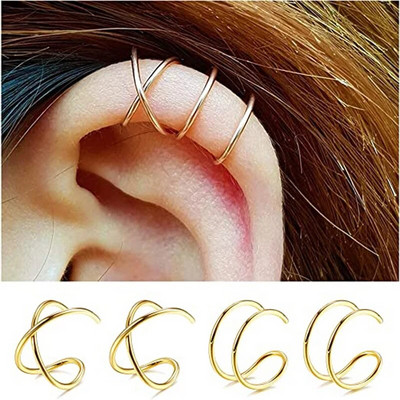 4 gab. Nerūsējošā tērauda ausu aproces Criss Cross Double Lines Ausu aproces bez caurduršanas Minimālisma viltots Helix Earcuff skrimšļa auskars
