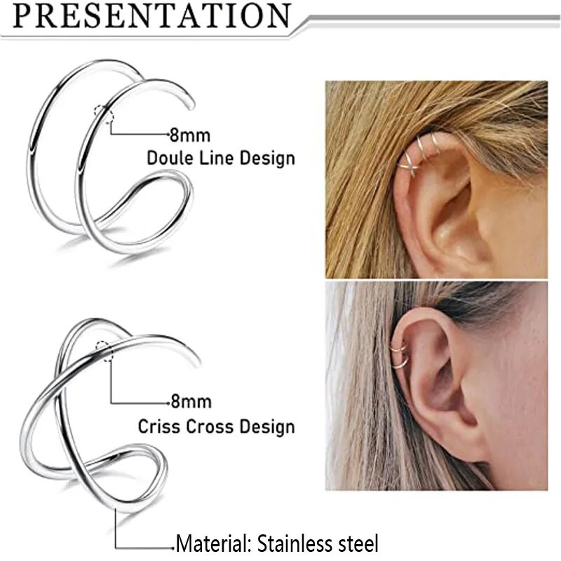 4 gab. Nerūsējošā tērauda ausu aproces Criss Cross Double Lines Ausu aproces bez caurduršanas Minimālisma viltots Helix Earcuff skrimšļa auskars