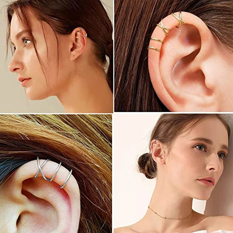 4 gab. Nerūsējošā tērauda ausu aproces Criss Cross Double Lines Ausu aproces bez caurduršanas Minimālisma viltots Helix Earcuff skrimšļa auskars