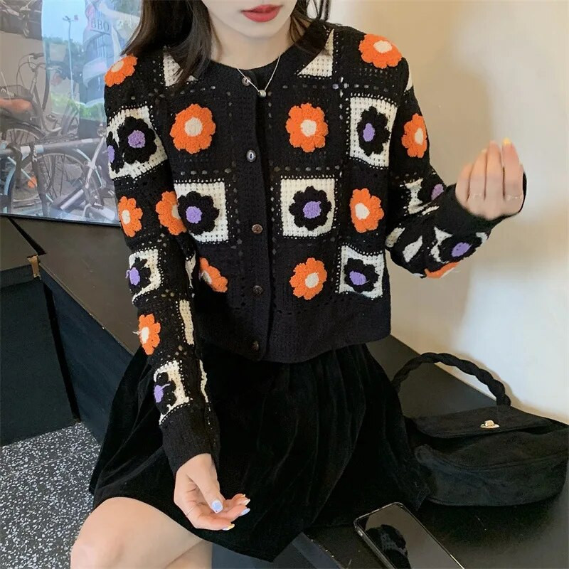 Jesen 2022. Ženski heklani kardigani Višebojni Y2k Vintage pleteni džemperi dugih rukava Široki kaputi Topli džemperi u 3 boje