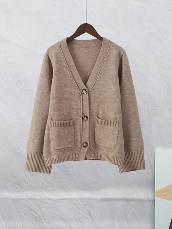 Sieviešu ikdienišķa V veida kakla izgriezuma jaka ar vienrindu Sieviešu modes vienkrāsains jakas ar garām piedurknēm kabatas jakas sievietēm Sieviešu vintage ielas trikotāža