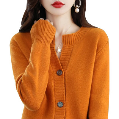 Jesen Zima Kardigan s O-izrezom za žene 100% merino vuna podebljana čistih boja Pleteni pulover od kašmira Ženska gornja odjeća