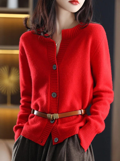 Jesen Zima Kardigan s O-izrezom za žene 100% merino vuna podebljana čistih boja Pleteni pulover od kašmira Ženska gornja odjeća