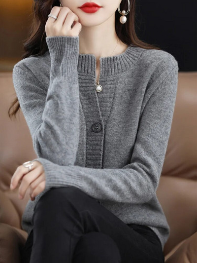 Jesen Zima Kardigan s O-izrezom za žene 100% merino vuna podebljana čistih boja Pleteni pulover od kašmira Ženska gornja odjeća