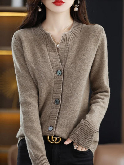 Jesen Zima Kardigan s O-izrezom za žene 100% merino vuna podebljana čistih boja Pleteni pulover od kašmira Ženska gornja odjeća
