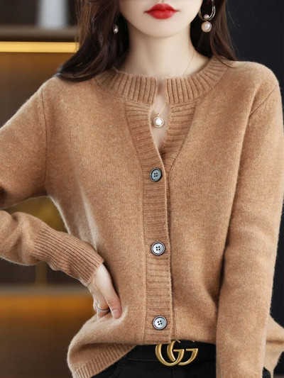 Jesen Zima Kardigan s O-izrezom za žene 100% merino vuna podebljana čistih boja Pleteni pulover od kašmira Ženska gornja odjeća