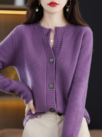 Jesen Zima Kardigan s O-izrezom za žene 100% merino vuna podebljana čistih boja Pleteni pulover od kašmira Ženska gornja odjeća