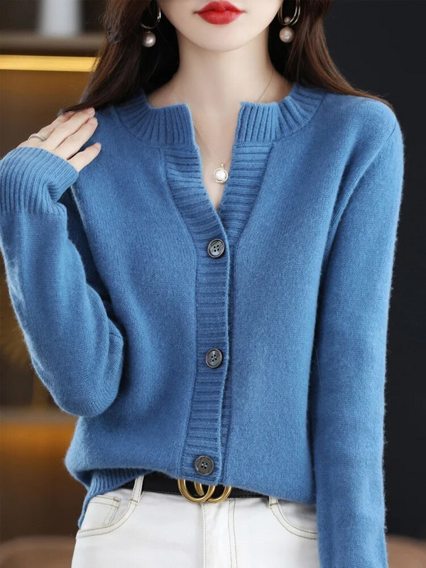 Jesen Zima Kardigan s O-izrezom za žene 100% merino vuna podebljana čistih boja Pleteni pulover od kašmira Ženska gornja odjeća