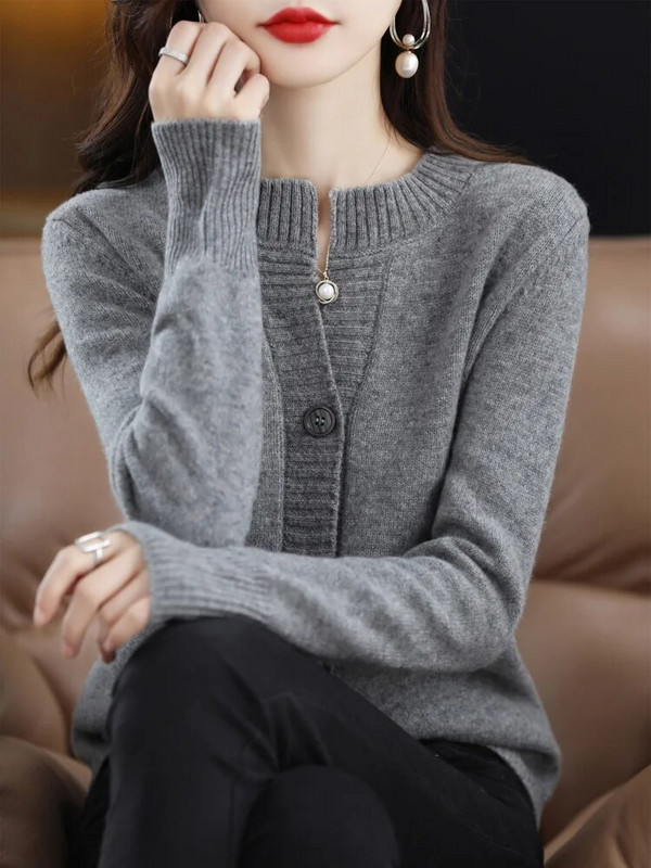 Jesen Zima Kardigan s O-izrezom za žene 100% merino vuna podebljana čistih boja Pleteni pulover od kašmira Ženska gornja odjeća