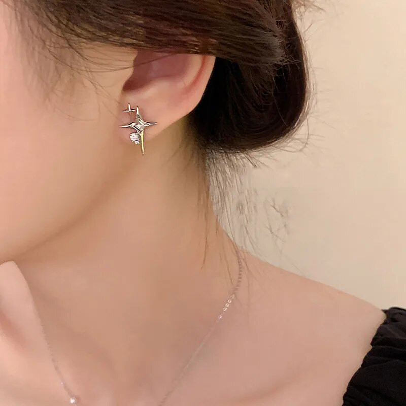 2023. Modne naušnice s cirkonskim nitnama u srebrnoj boji za žene, korejske naušnice s četverokrakom zvijezdom, osobnost, nakit