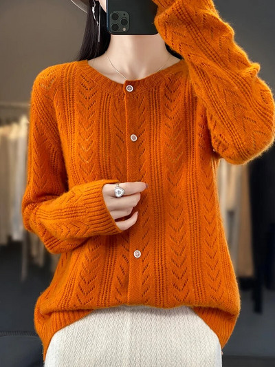 Ženski kardigani Džemper Jesen Zima O-izrez Grace 100% Merino vuneno pletivo Šuplji mekani pleteni kaput od kašmira Korejska moda