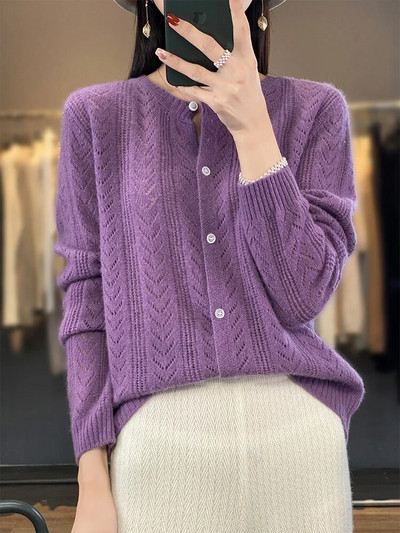 Ženski kardigani Džemper Jesen Zima O-izrez Grace 100% Merino vuneno pletivo Šuplji mekani pleteni kaput od kašmira Korejska moda