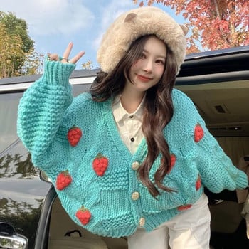 MEXZT Γυναικείο πουλόβερ Harajuku Strawberry Loose Cardigan Φθινοπωρινή μόδα μακρυμάνικο κορεάτικο μπλουζάκι Κομψό γυναικείο Preppy Style Y2k πουλόβερ