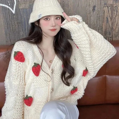 MEXZT Γυναικείο πουλόβερ Harajuku Strawberry Loose Cardigan Φθινοπωρινή μόδα μακρυμάνικο κορεάτικο μπλουζάκι Κομψό γυναικείο Preppy Style Y2k πουλόβερ