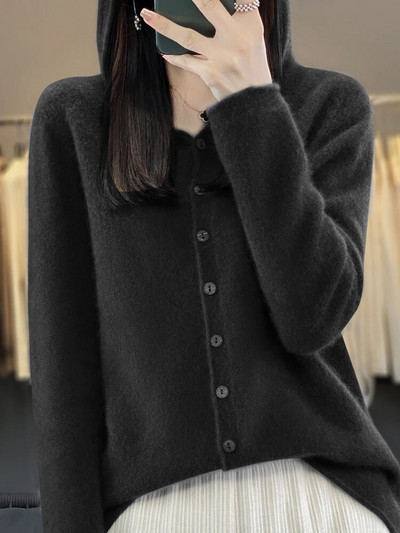 Μακρυμάνικο Γυναικείο Πουλόβερ Φθινοπωρινό Χειμώνα Casual Ζακέτα 100% Μερίνο μασίφ κουκούλα Κασμίρ Πλεκτά Κορεάτικα νέα μπλουζάκια μόδας