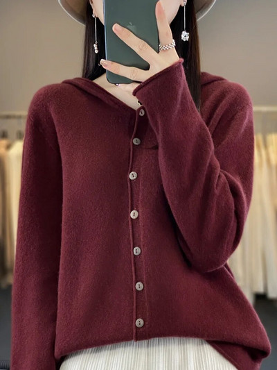 Μακρυμάνικο Γυναικείο Πουλόβερ Φθινοπωρινό Χειμώνα Casual Ζακέτα 100% Μερίνο μασίφ κουκούλα Κασμίρ Πλεκτά Κορεάτικα νέα μπλουζάκια μόδας