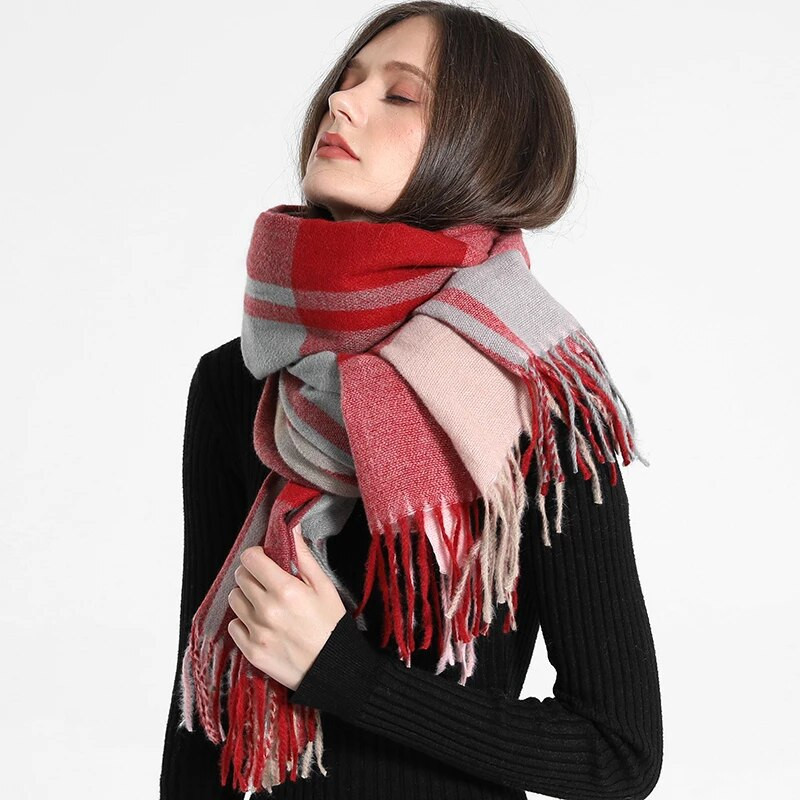 Novi zeleni karirani šal Ženski simulirani kašmir Topli dugi šal Zimski šareni karirani šal Modni debeli šal deka s resicama